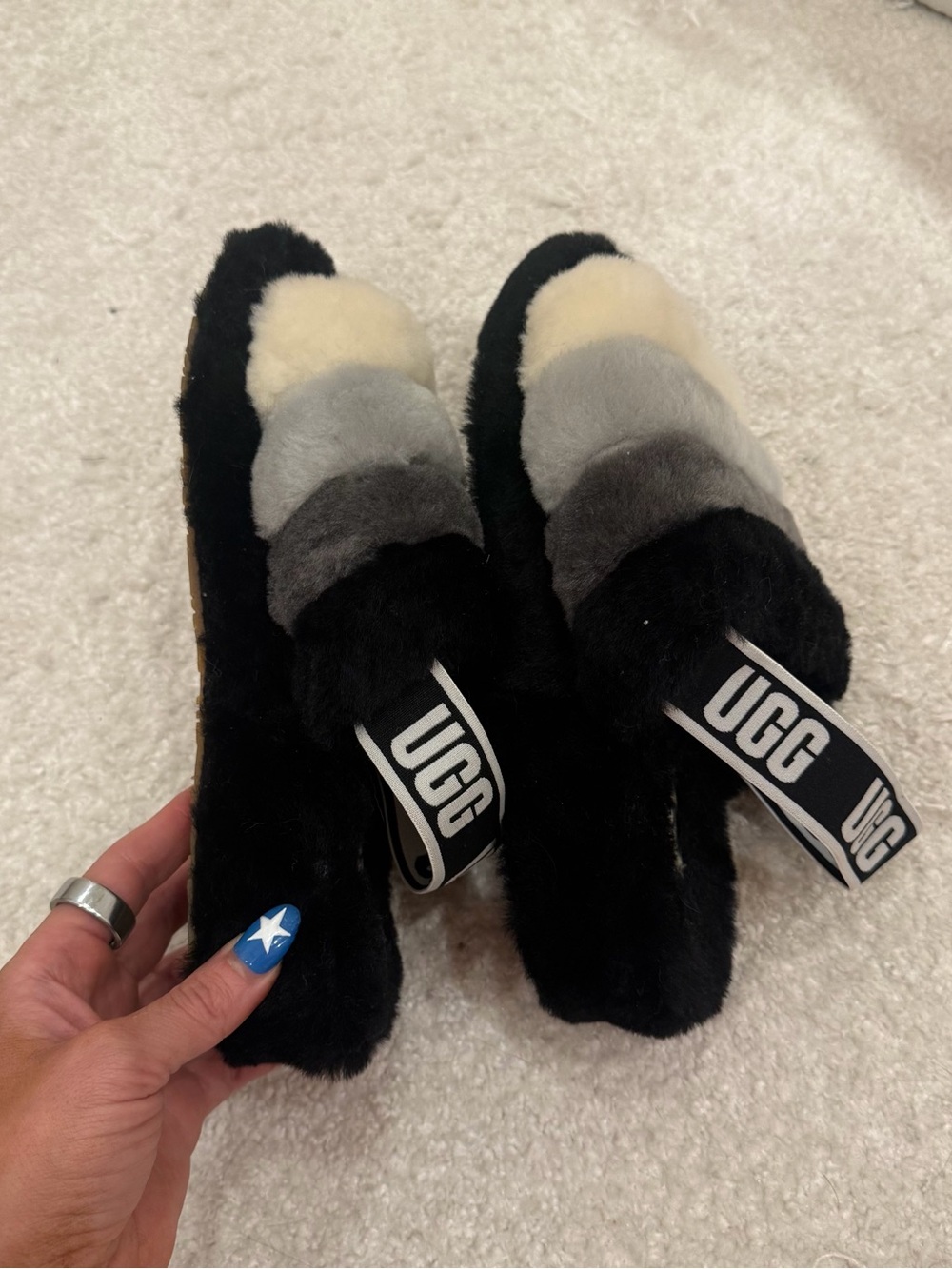 UGG Women's Black, Gray & Cream Faux-Fur Slide Slippers